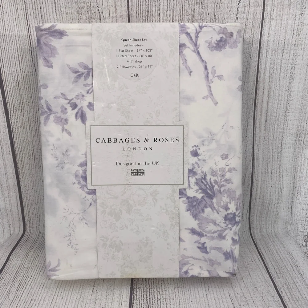 Cabbages & Roses Sheet Set Queen Alderney Lilac Floral 100% Cotton Percale